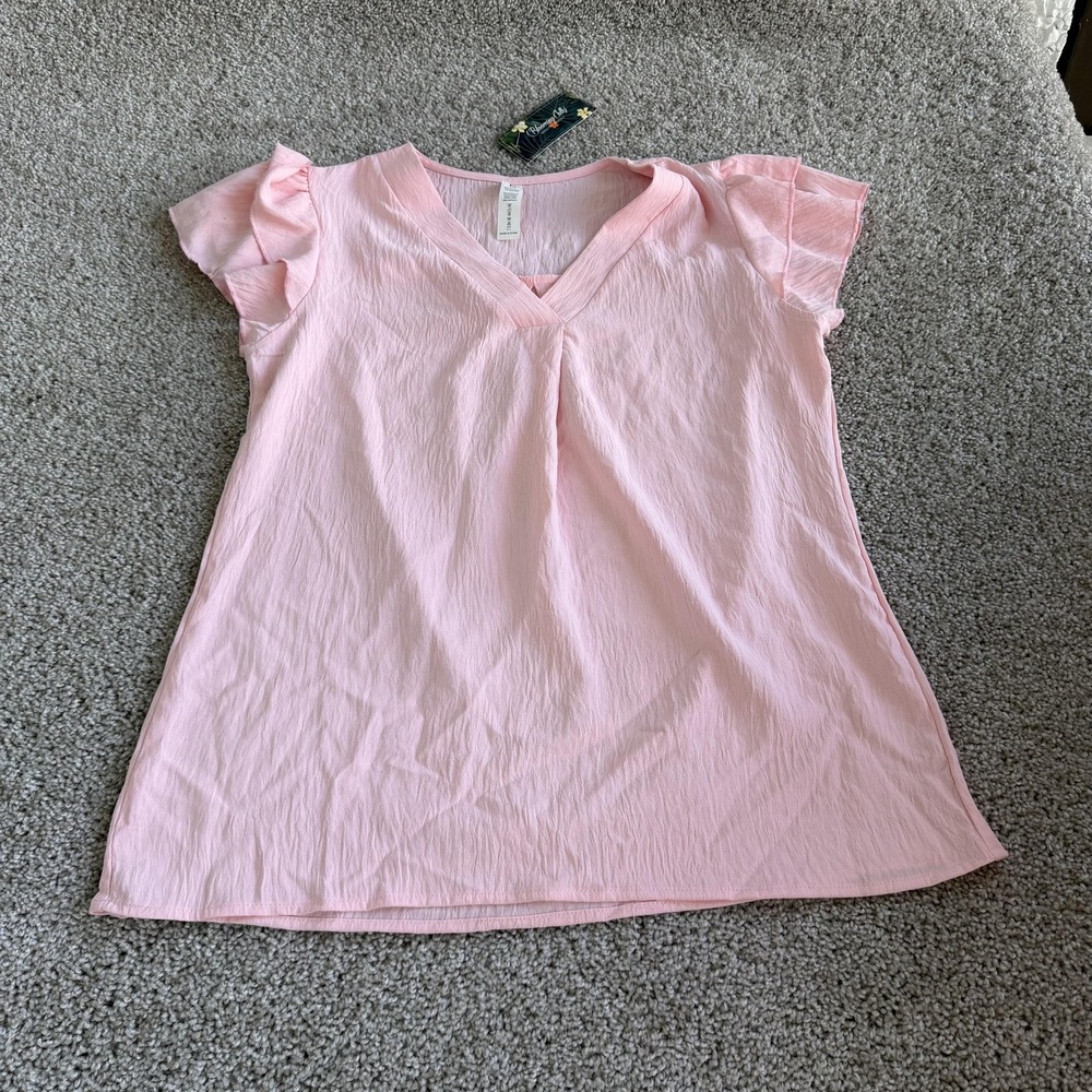 Blooming Jelly Blouse Womens M Pink Solid V Neck Flutter Short Sleeve Tunic Top